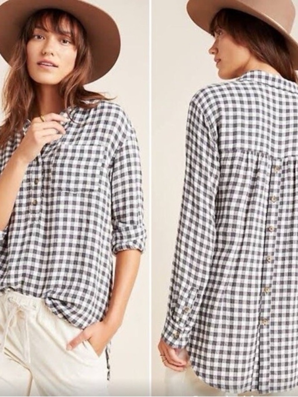 Anthropologie Checkered Button Front Long Sleeve Isadora Cozy Gingham Size S